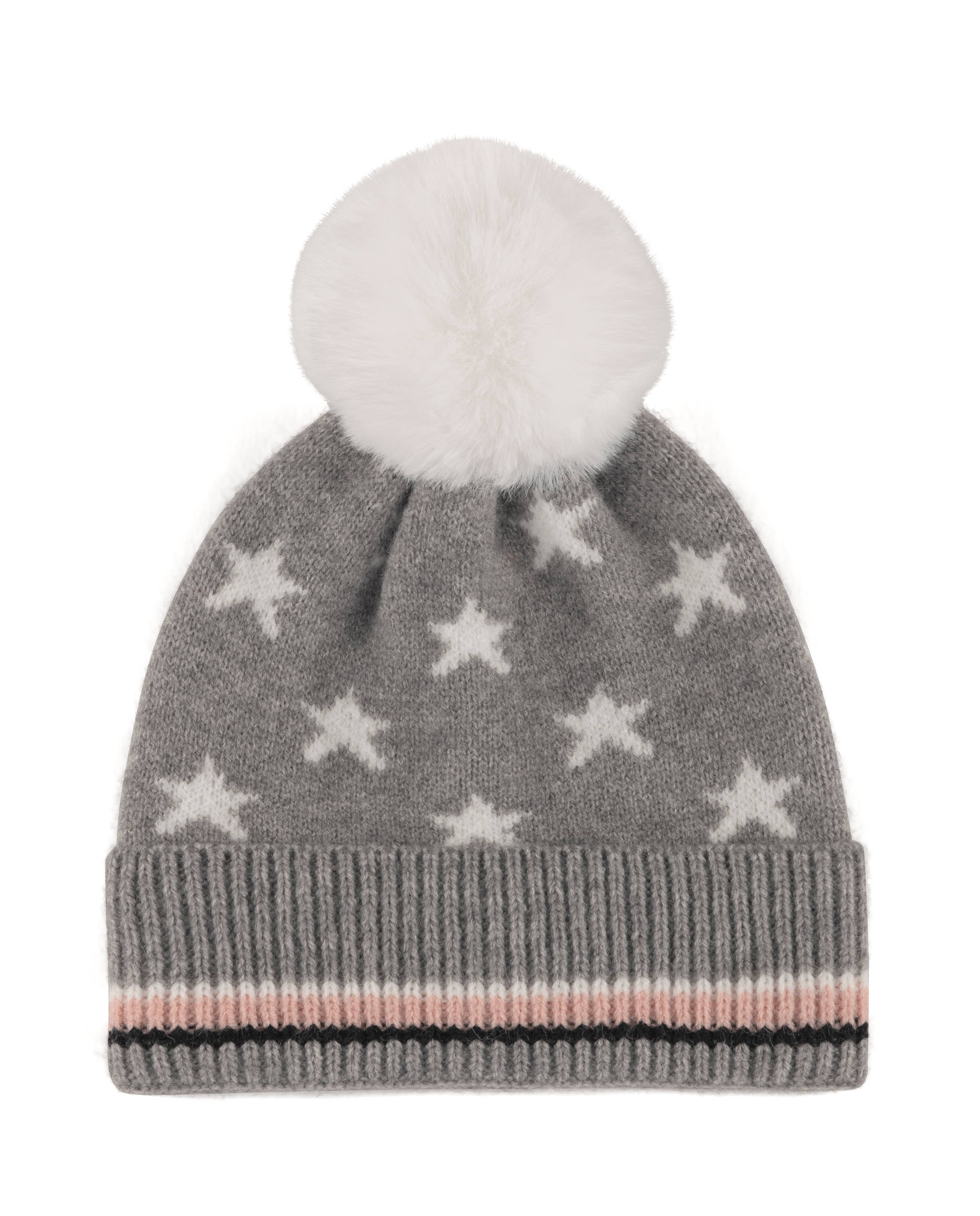 Gray & White Star Pom Beanie Hat - Posh West Boutique