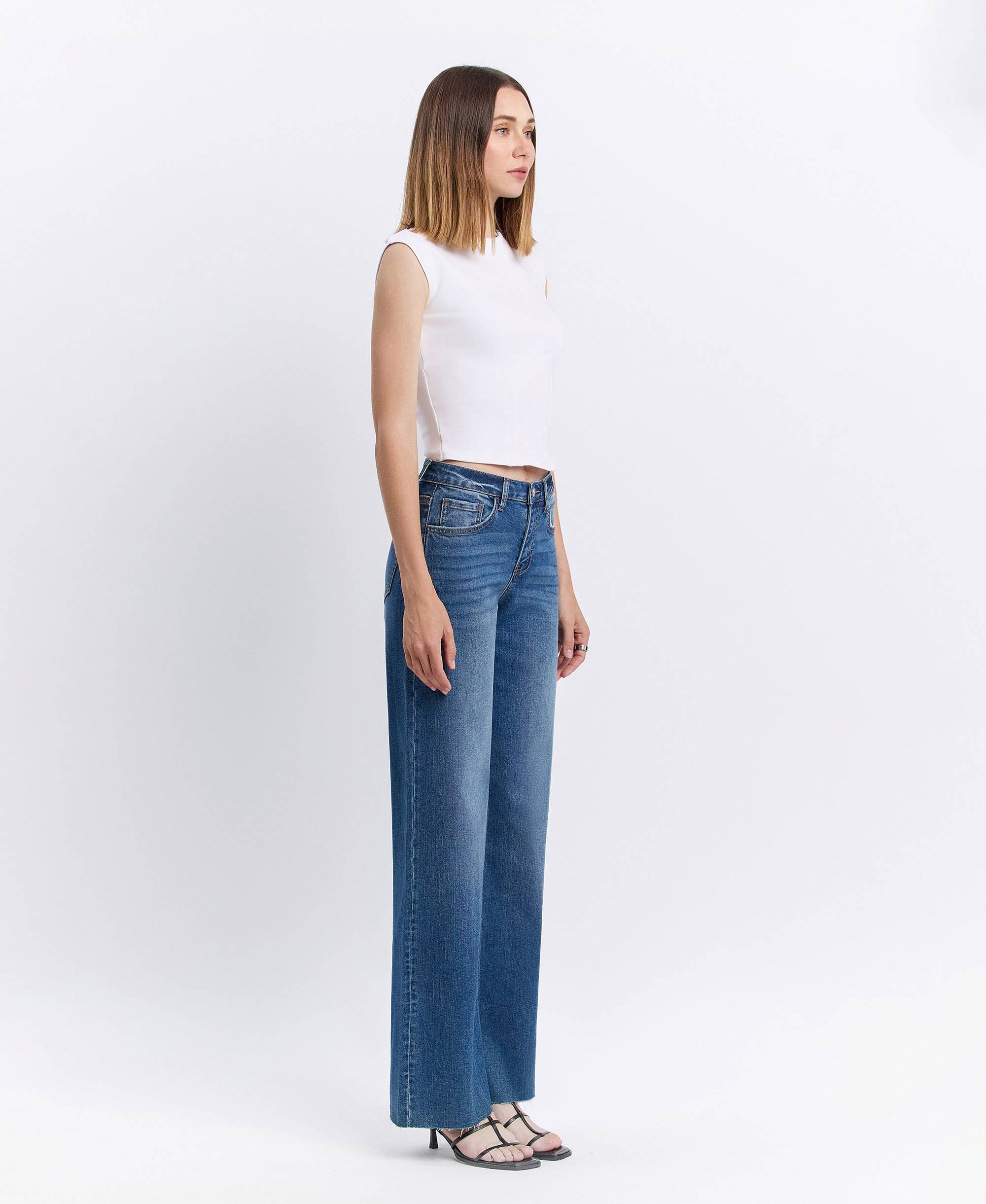 Vervet Wide Leg High Rise Clean Cut Raw Hem Jeans