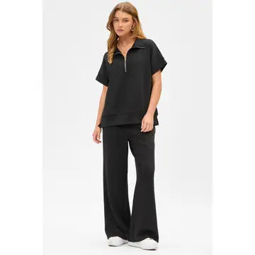 Black Short Sleeve Quarter Zip + Pants Modal Set - Posh West Boutique