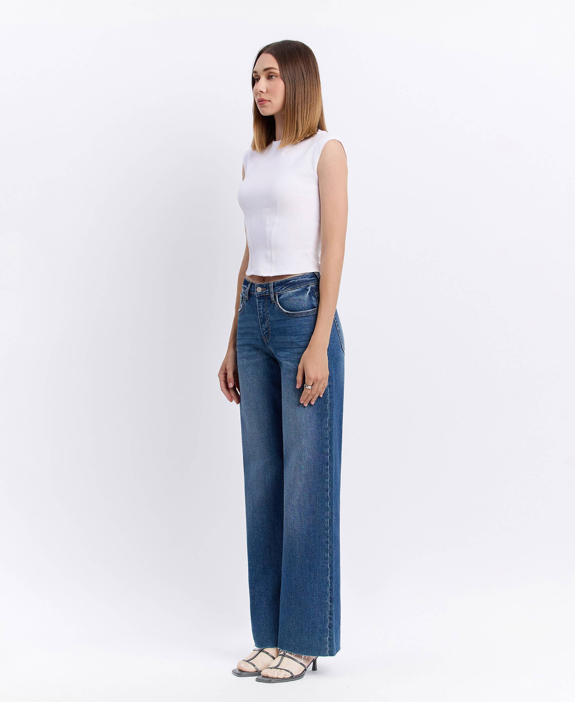 Vervet Wide Leg High Rise Clean Cut Raw Hem Jeans