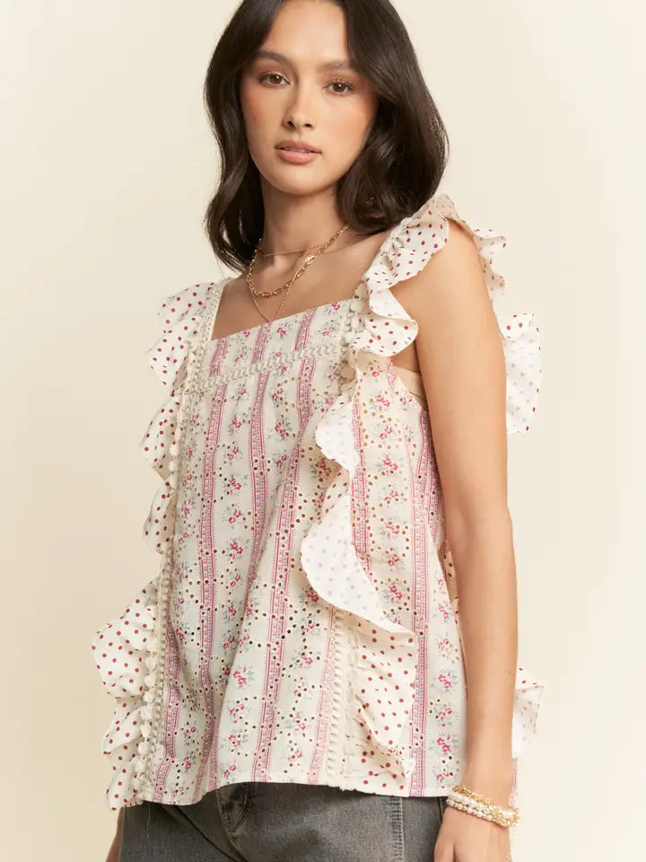 Eyelet Print Embroidered Ruffle Sleeve Top - Posh West Boutique
