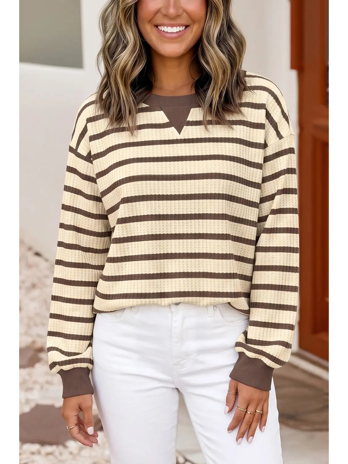 Striped Patchwork Ribbed Cuff Casual Pullover Sweatshirt