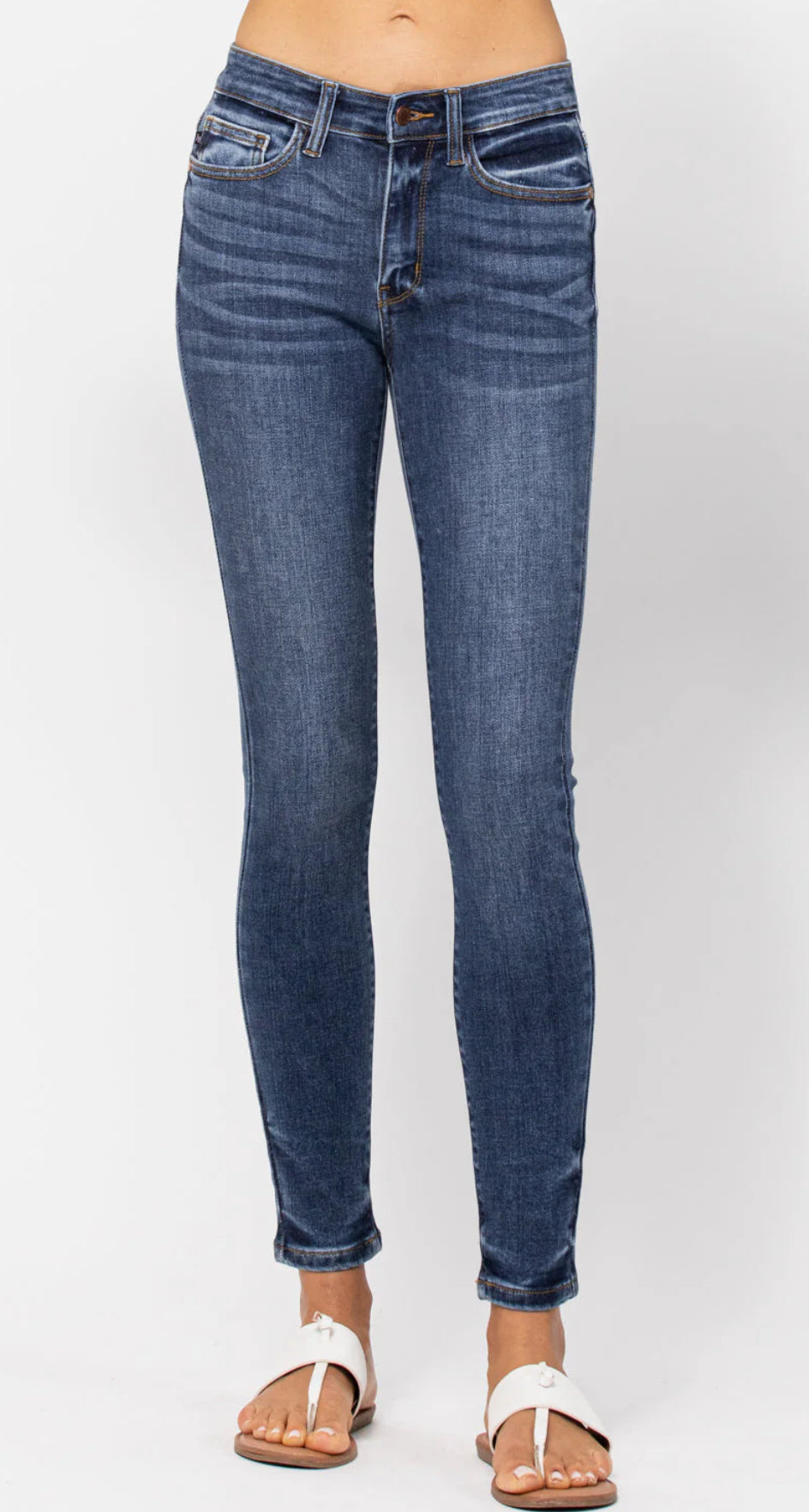 Judy Blue Mid-Rise Skinny w/ Handsand - Posh West Boutique