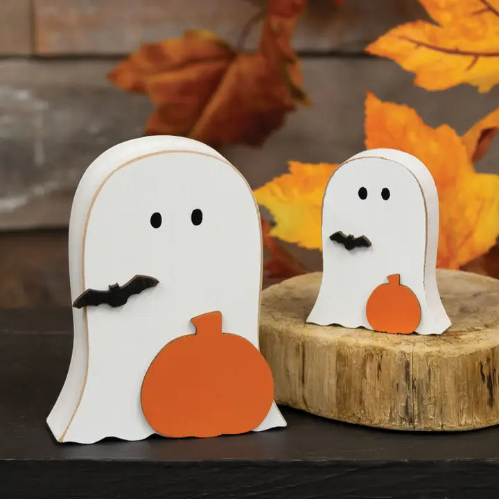 Pumpkin & Bat Ghost Wood Sitter - Posh West Boutique