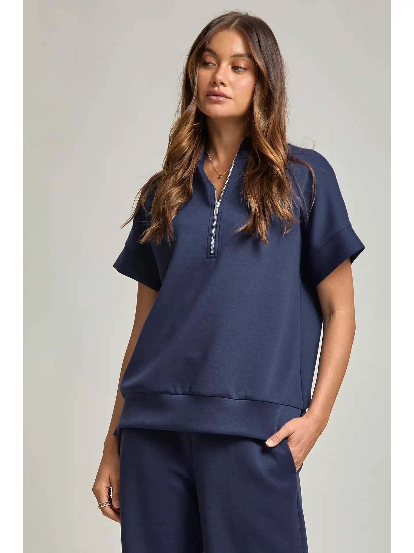 Navy Short Sleeve Quarter Zip + Pants Travel Set