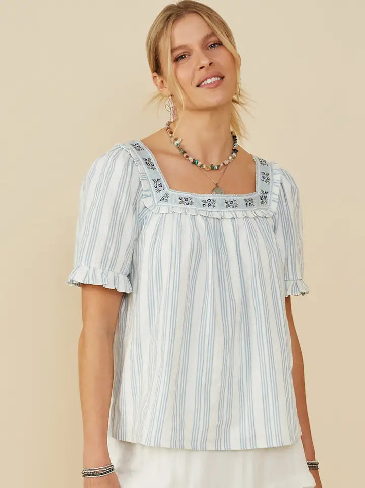 Blue Jacquard Tape Trimmed Striped Eyelet Top - Posh West Boutique