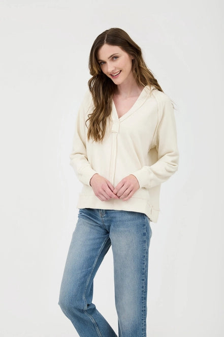 Cream Hooded V Neck Long Sleeve Knit Top - Posh West Boutique