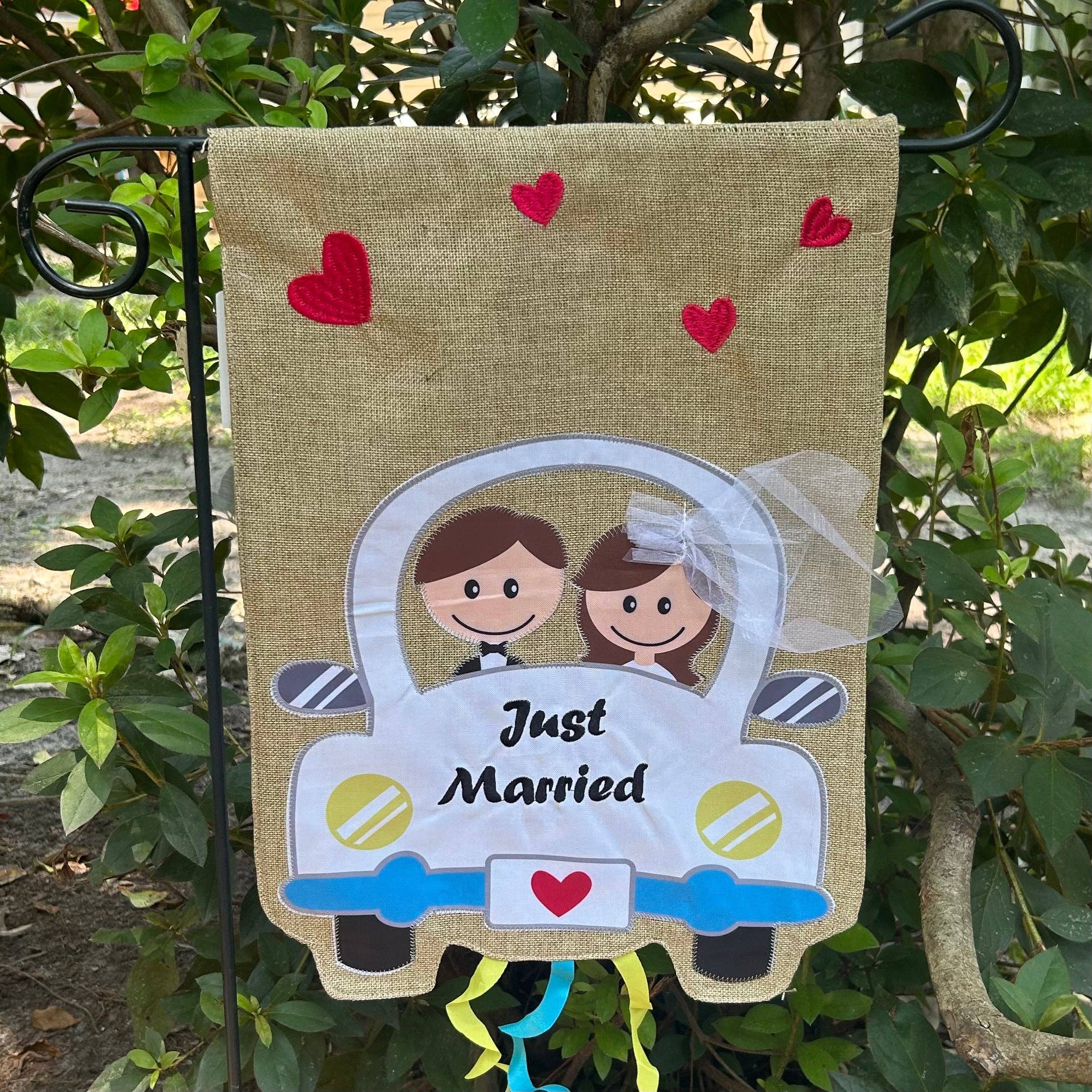 Just Married Car Burlap 2-Sided Garden Flag - Posh West Boutique
