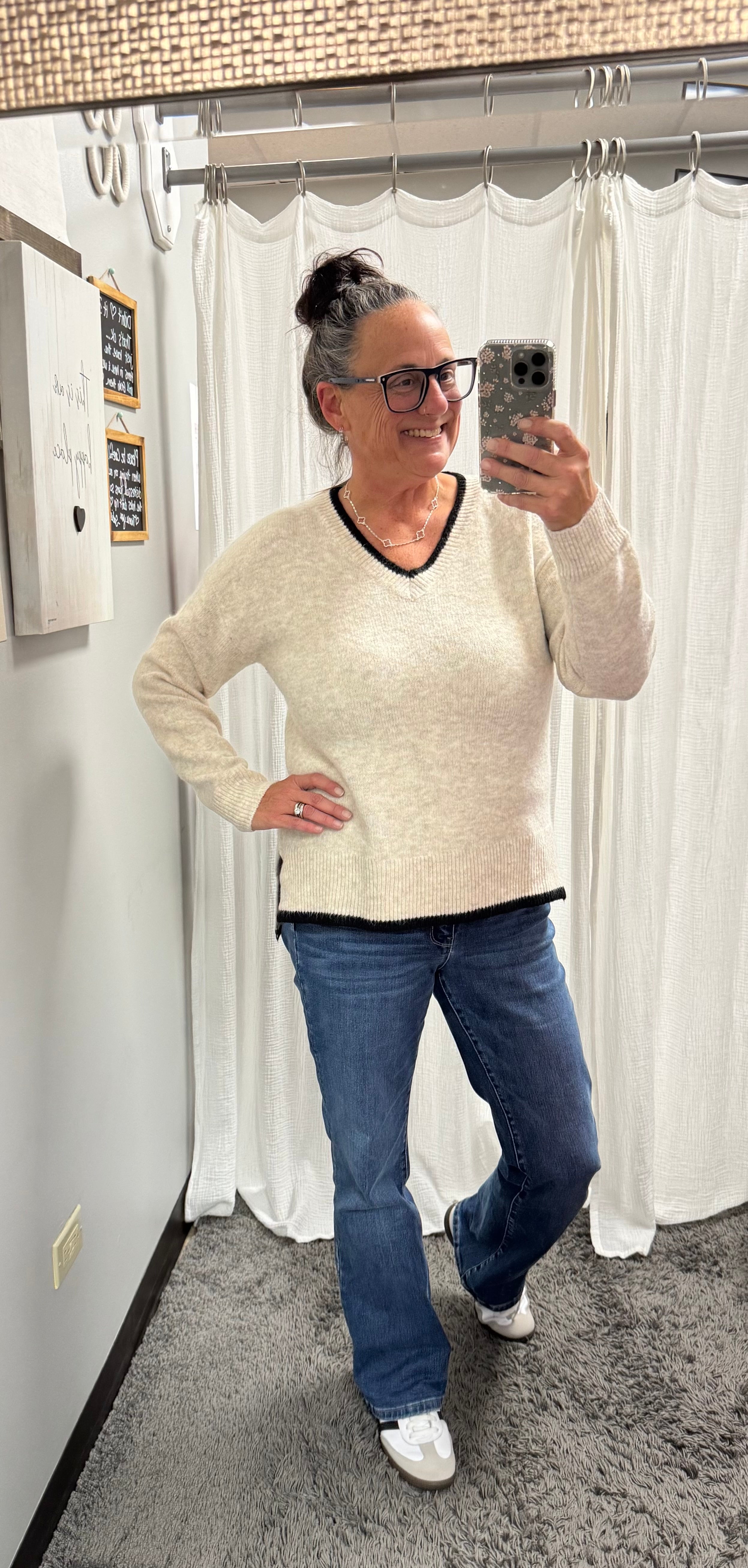 Oatmeal V Neck Hem Sweater w/ Black Trim