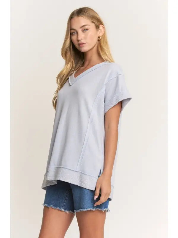 Lt Blue Raw Edge V Neck Top - Posh West Boutique