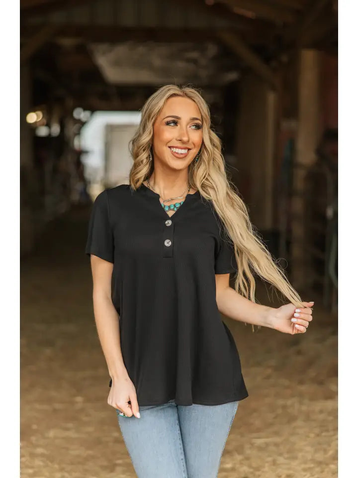 Black Ribbed Boyfriend Style Top w/ Button Detail - Posh West Boutique