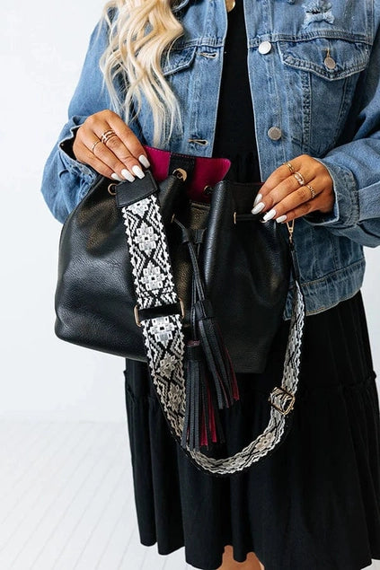 Black Kayla Tassel Bucket Bag With Guitar Strap - Posh West Boutique
