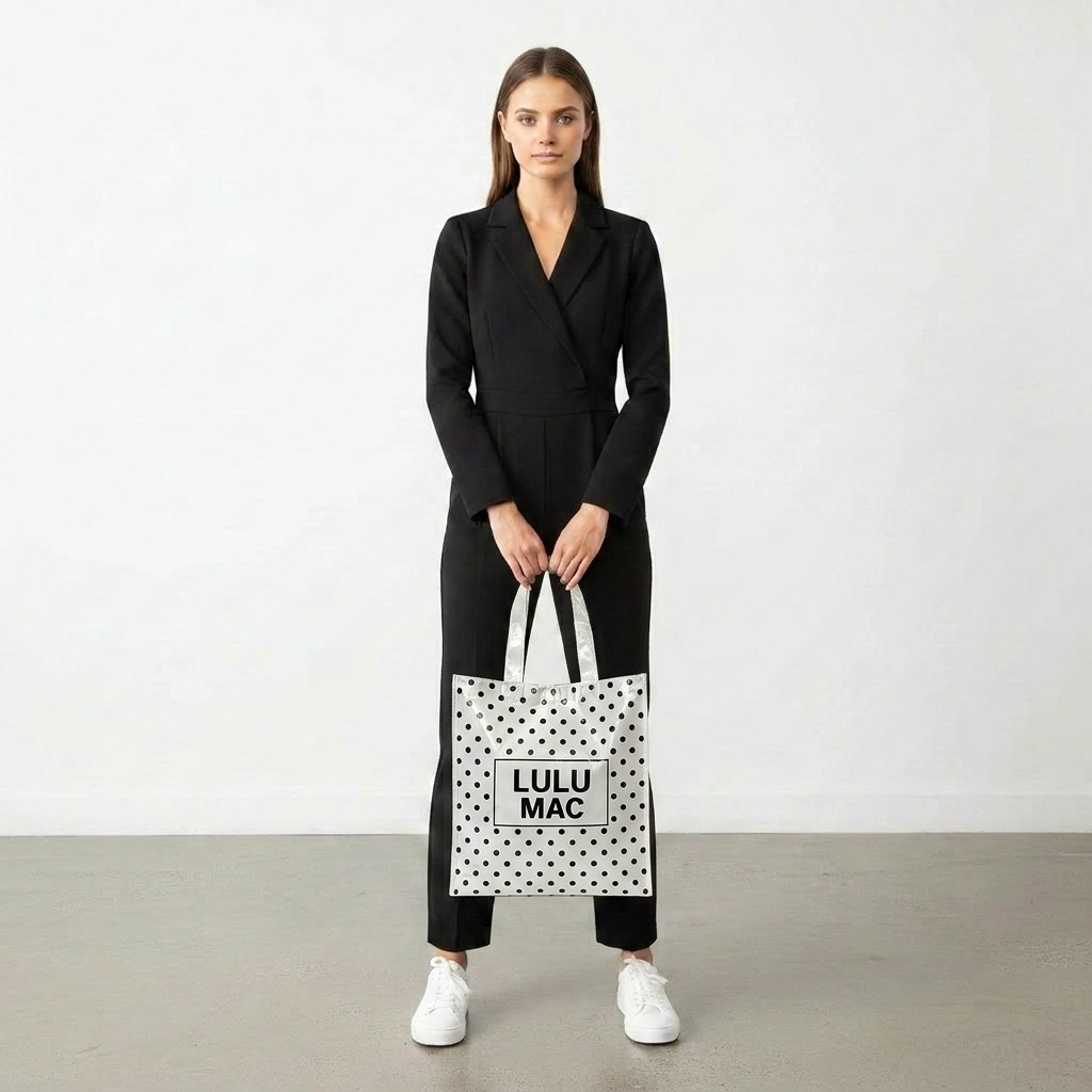 White with Black Reusable Tote Bag