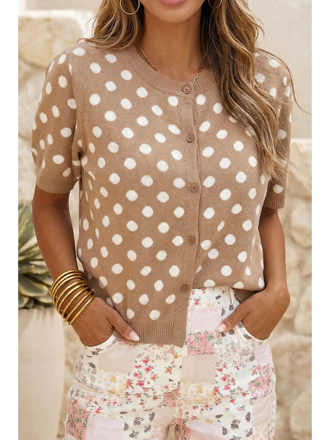 Polka Dot Short Sleeve Button Down Sweater Cardigan