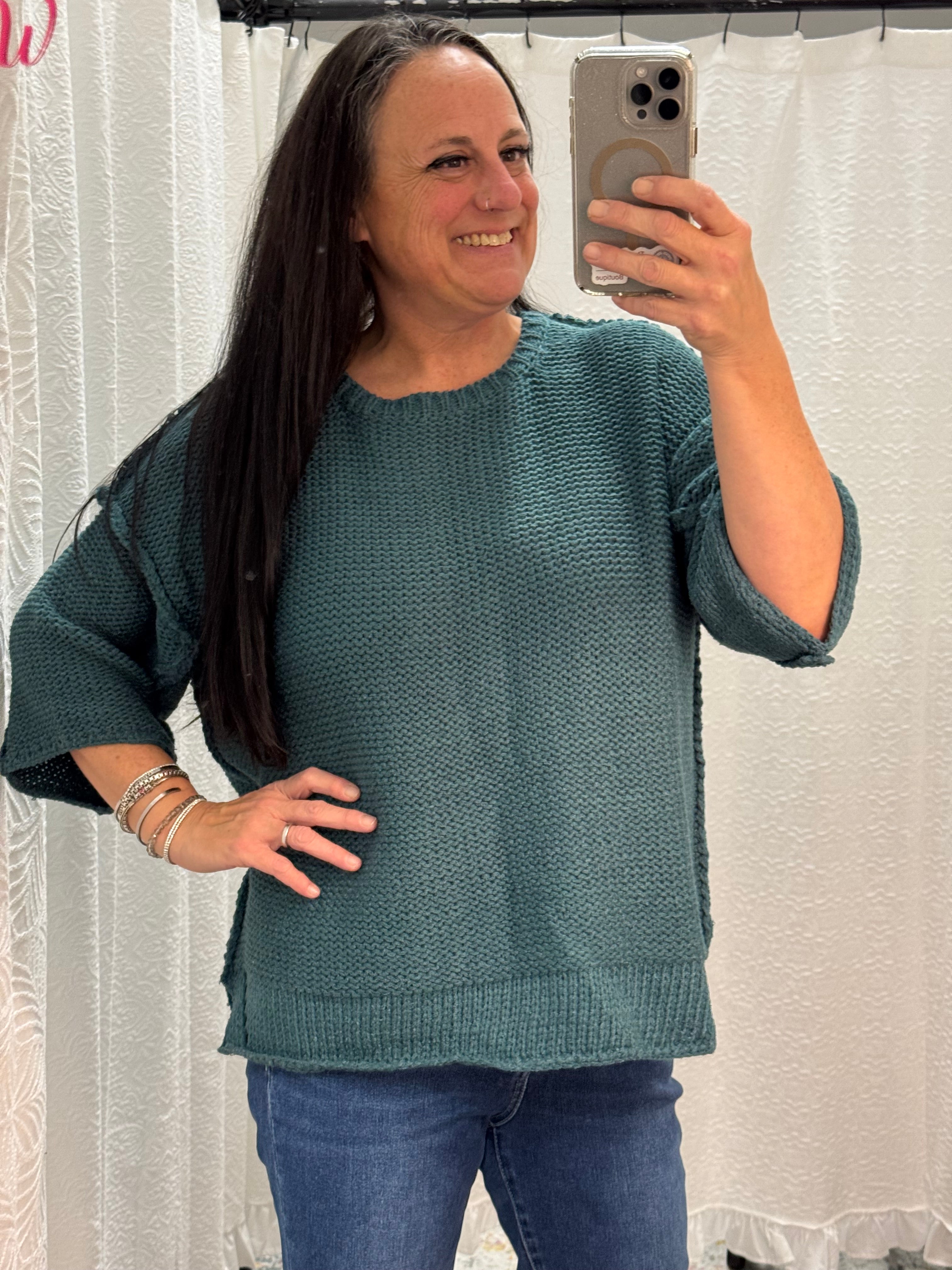 Teal Oversized Dolman 3/4 Sleeve Sweater - Posh West Boutique