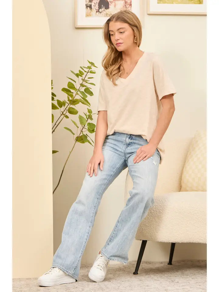 Oatmeal Cotton V Neck Short Sleeve Top - Posh West Boutique