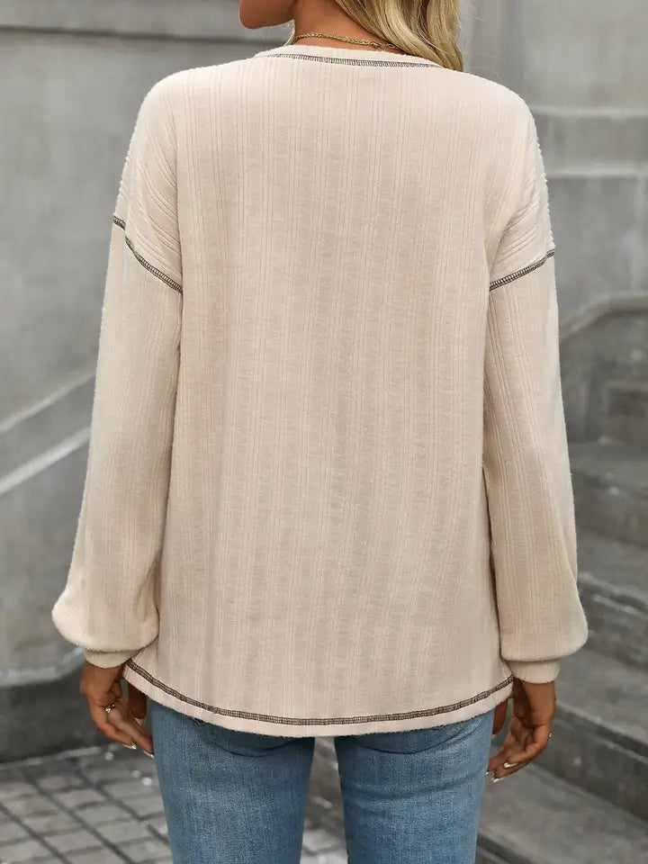 Apricot Crew Neck Pocket Casual Loose Long Sleeve - Posh West Boutique