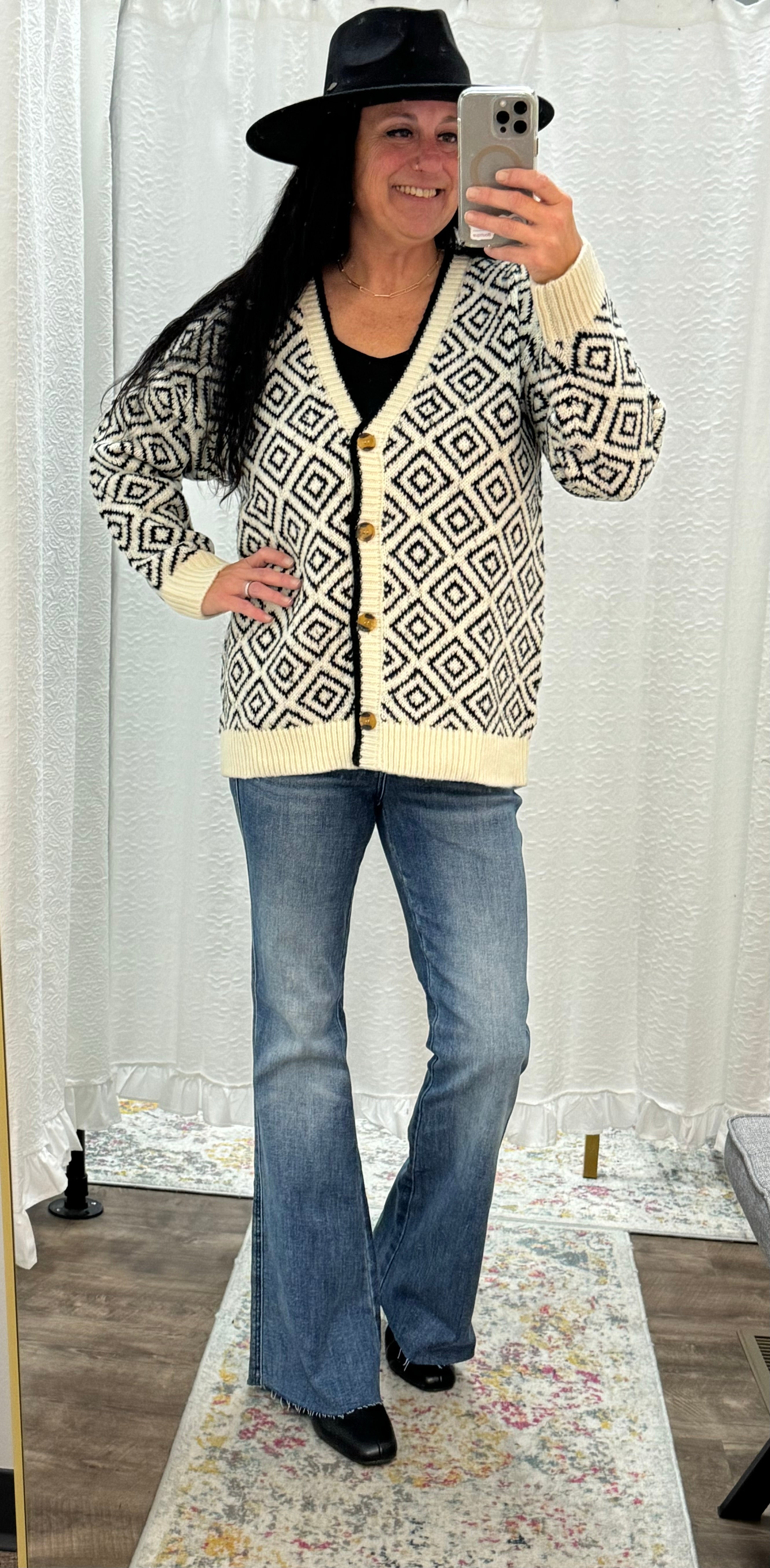 Black and Ivory Mono Pattern Sweater Cardigan - Posh West Boutique