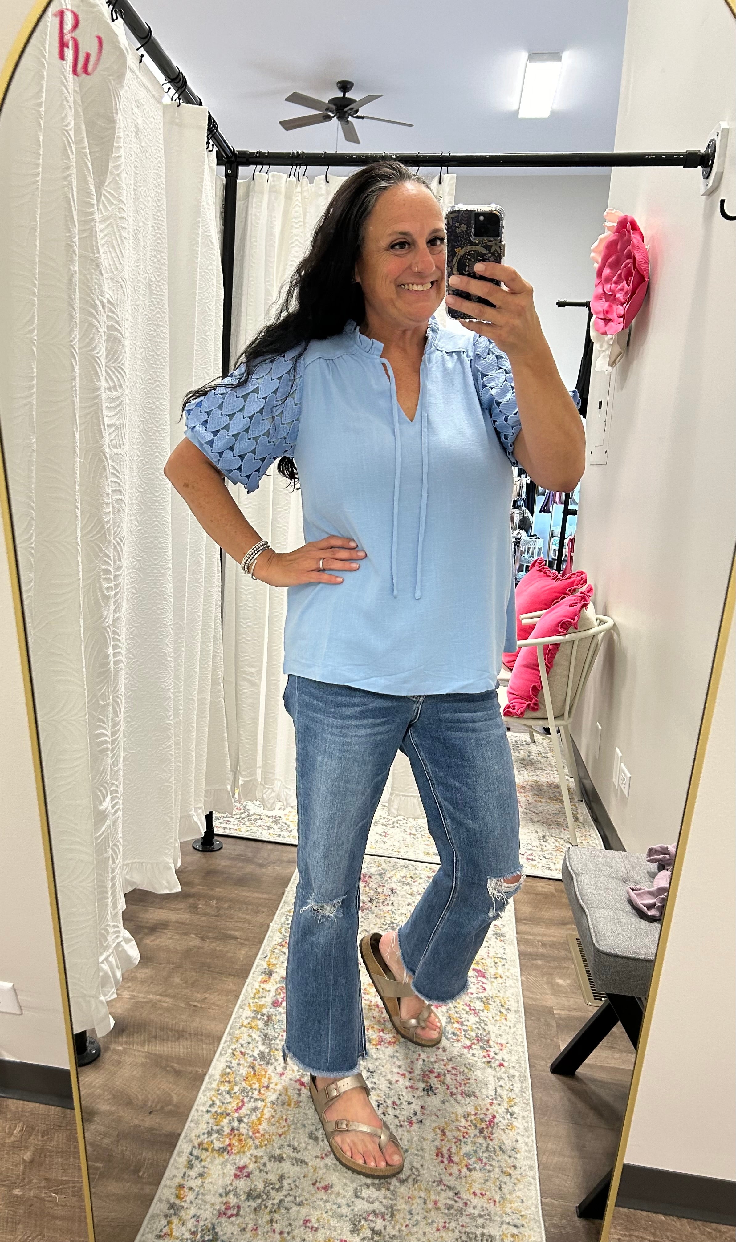 Powder Blue Linen Heart Detail Top - Posh West Boutique