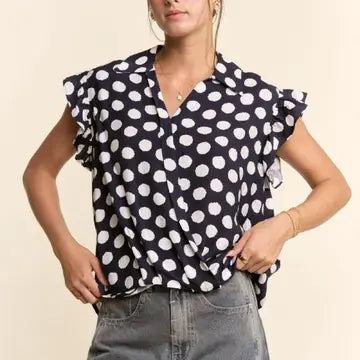 Navy Polka Dot Short Sleeve V Neck top