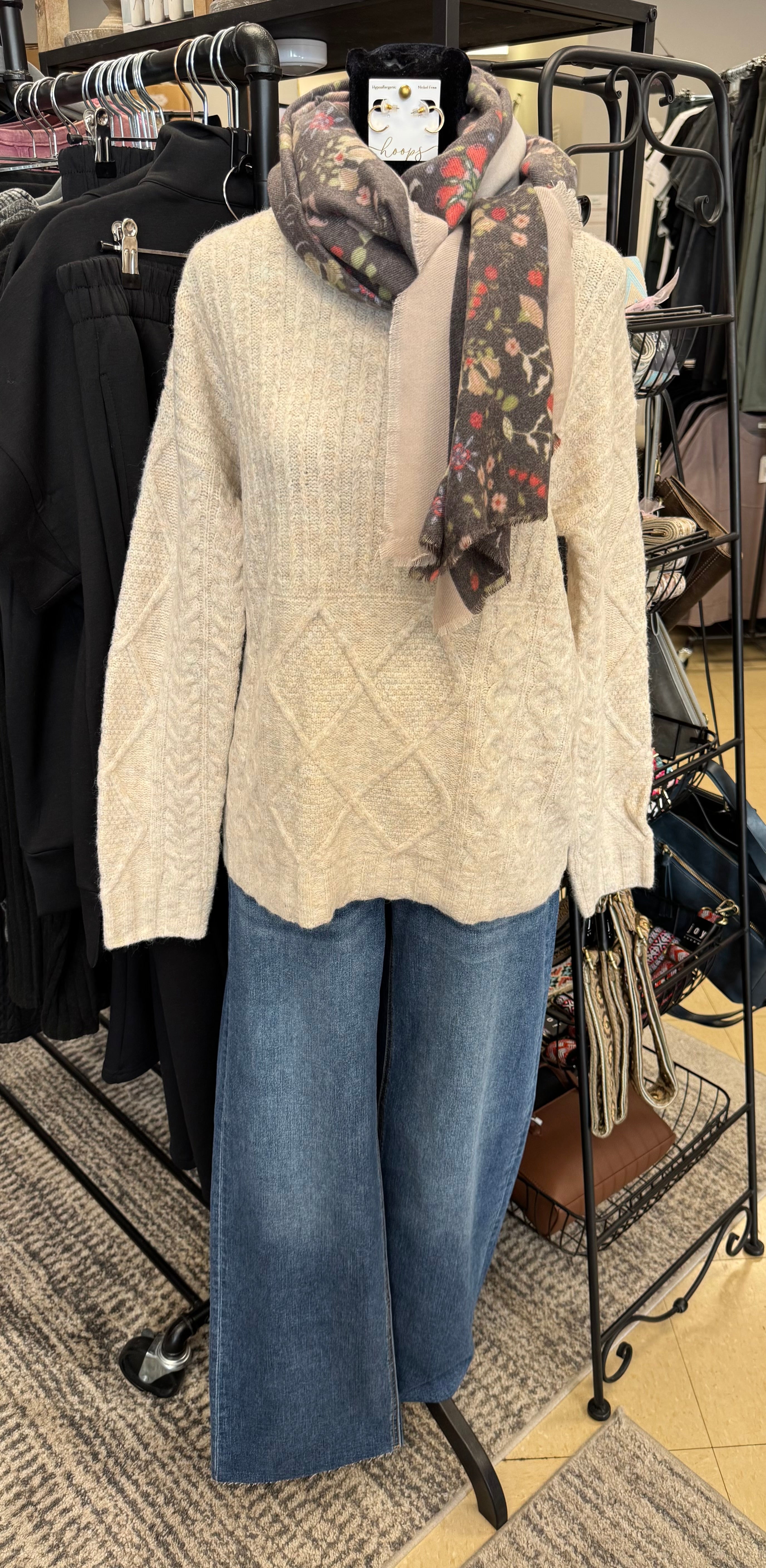 Oatmeal Crew Neck Rib Top Cable Bottom Sweater