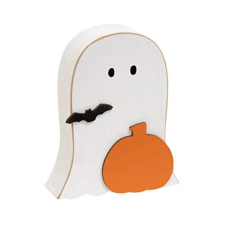 Pumpkin & Bat Ghost Wood Sitter - Posh West Boutique