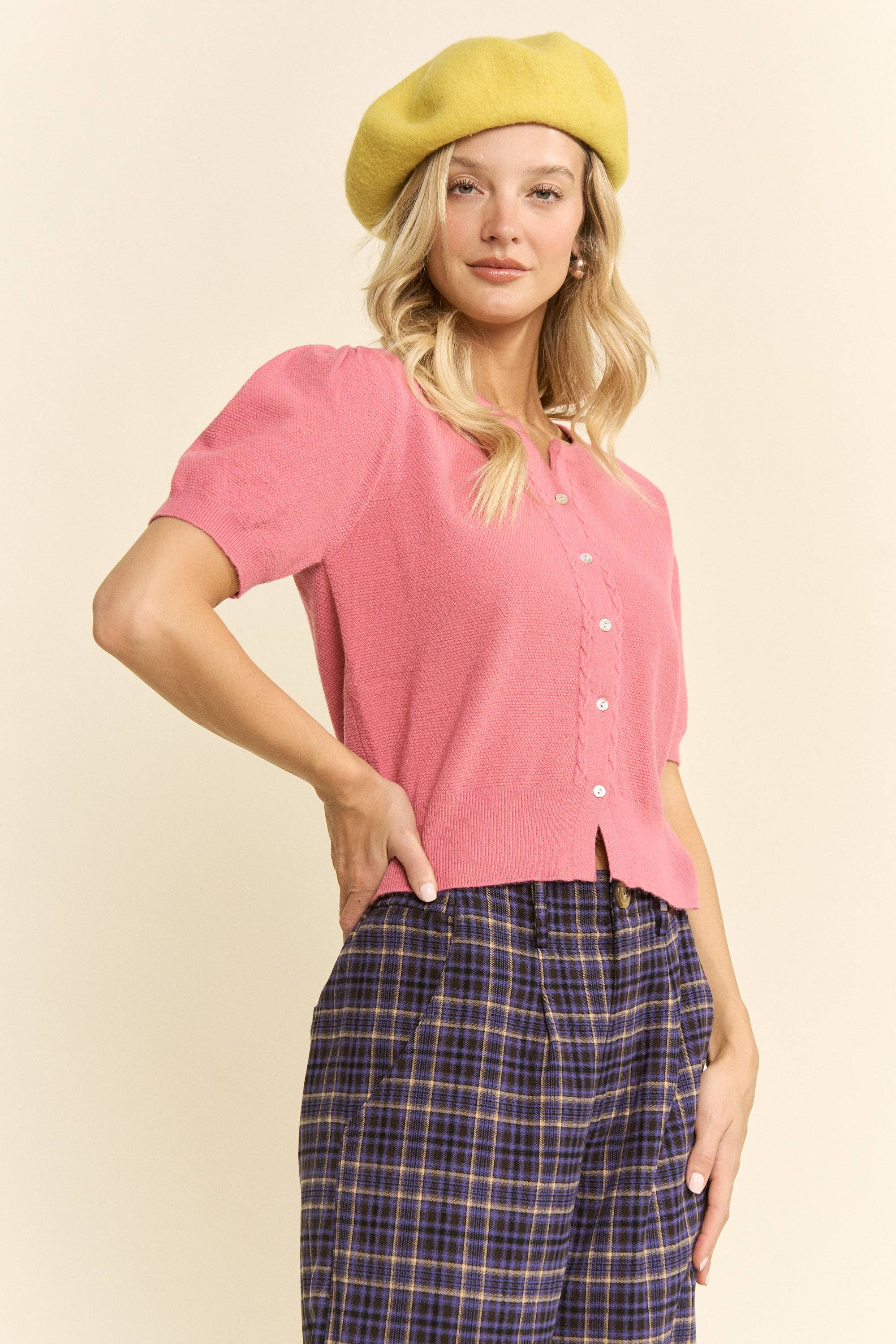 Sweet Pink Puff Sleeve Knit Cardigan