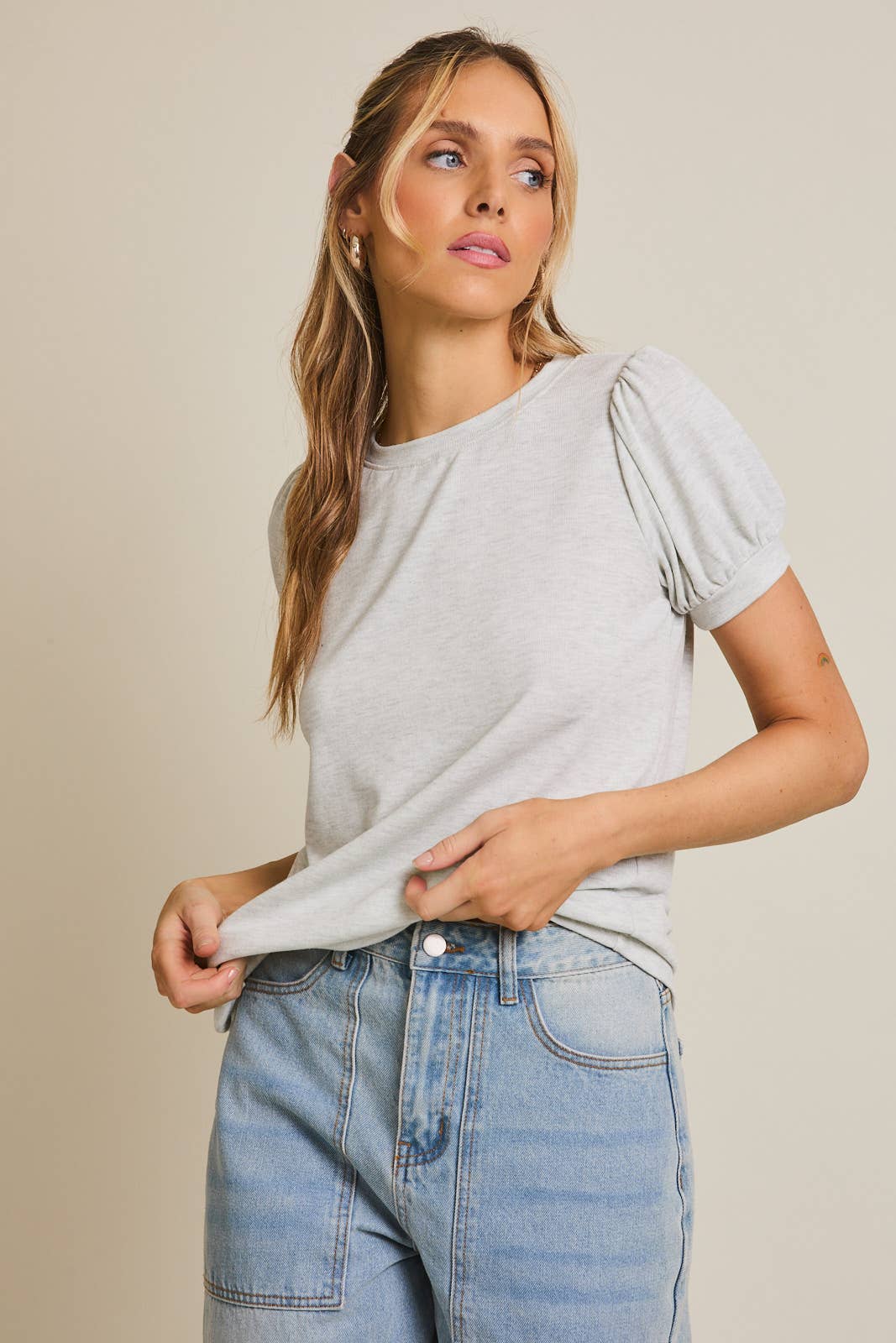 Light Grey Round Neck Puff Short Sleeve top