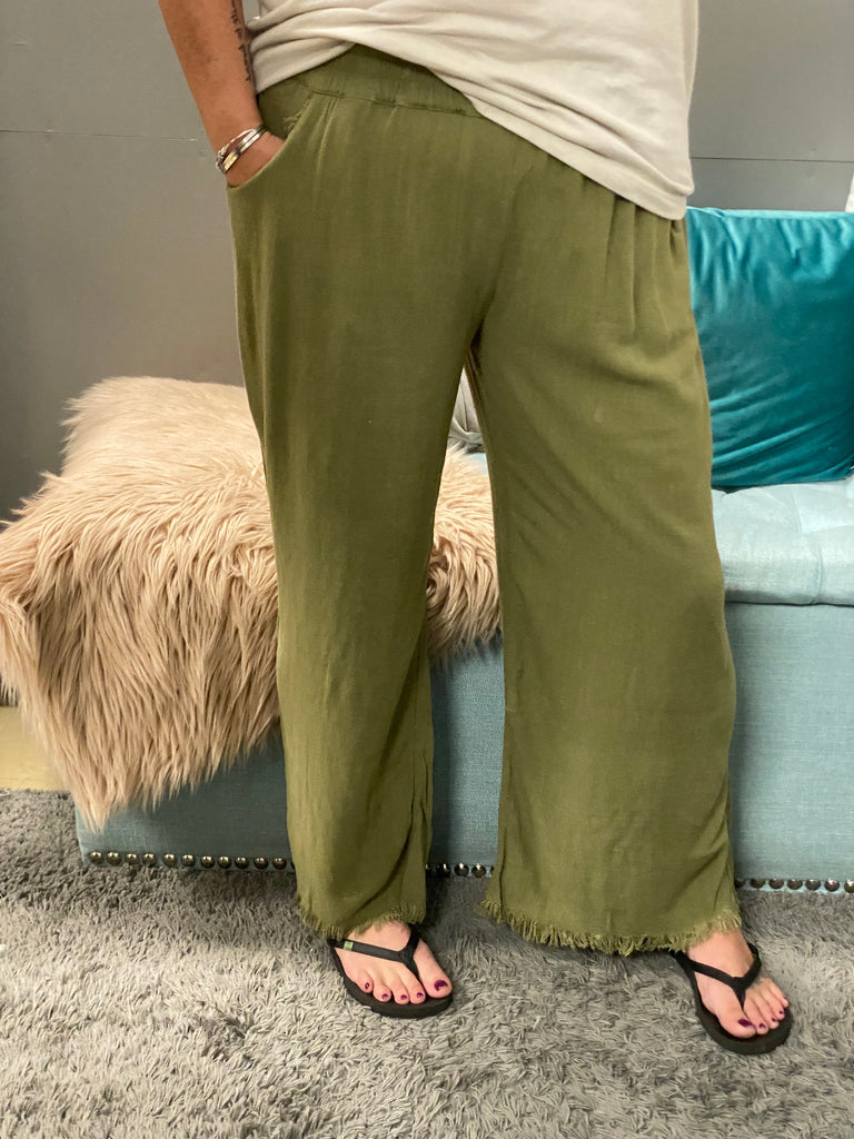 Wide Leg Olive Green Pull-On Gauze Pants - Posh West Boutique