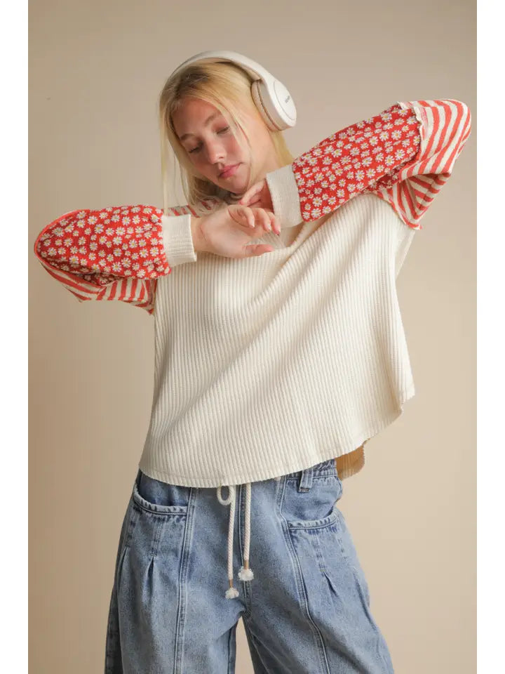 Oversized Floral & Stripe Casual Knit Top - Posh West Boutique