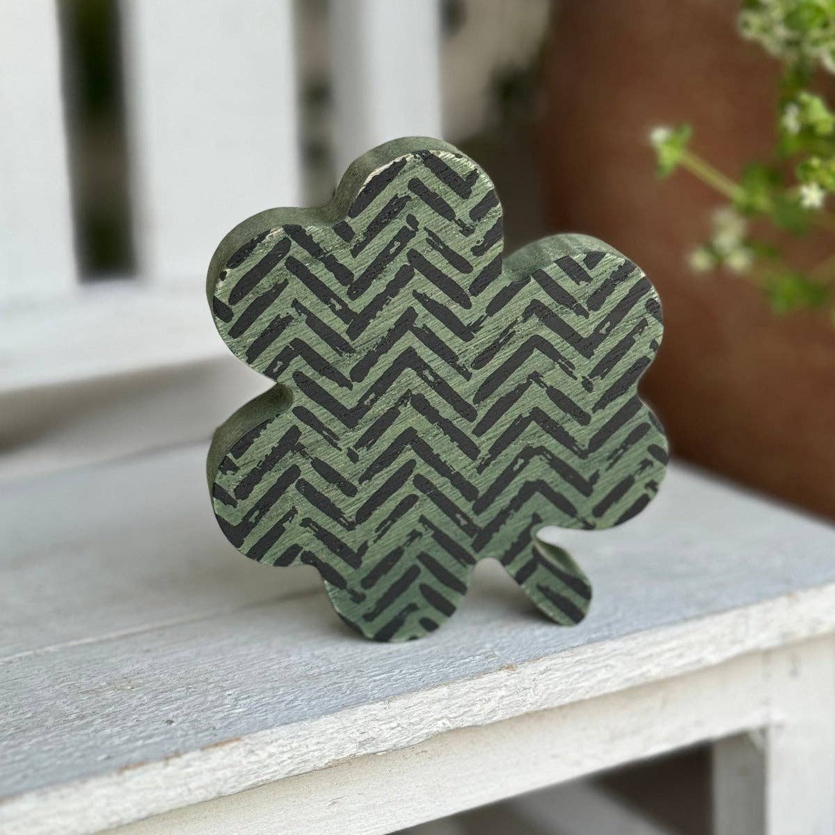 Green/Black Herringbone St. Patrick's Day Clover Wood Block - Posh West Boutique