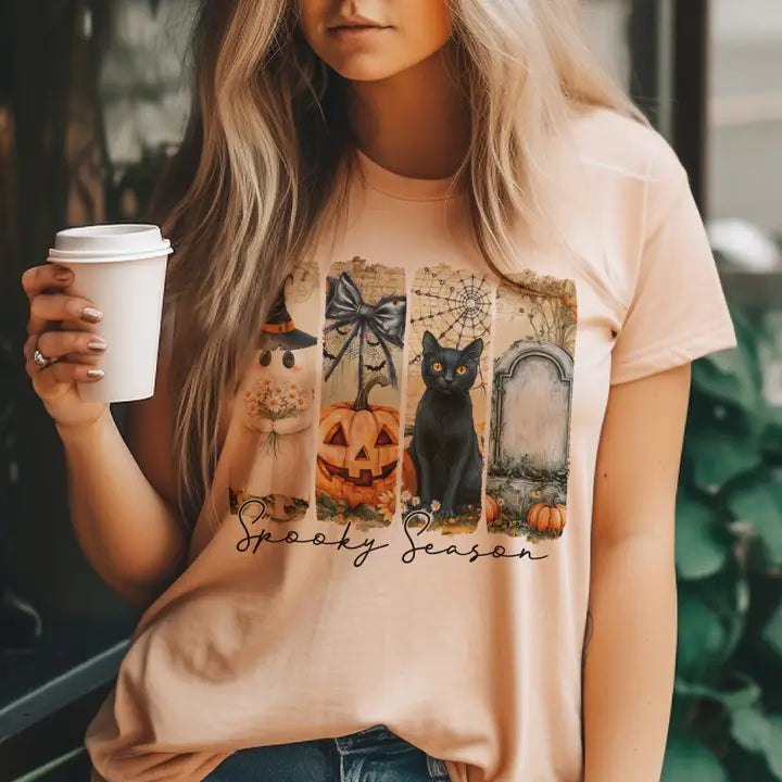 Halloween Spooky Season Panel Graphic Tee - Posh West Boutique