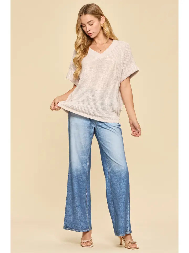 Oatmeal Two Tone Waffle Knit Top - Posh West Boutique