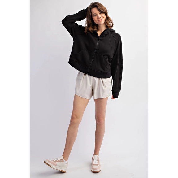 Black French Terry Long Sleeve Full Zip Hoodie Top - Posh West Boutique