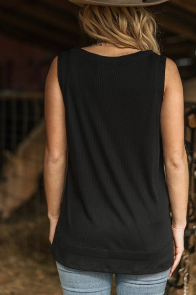 Black Ribbed Tank Top w/ Raw Edge Detail - Posh West Boutique