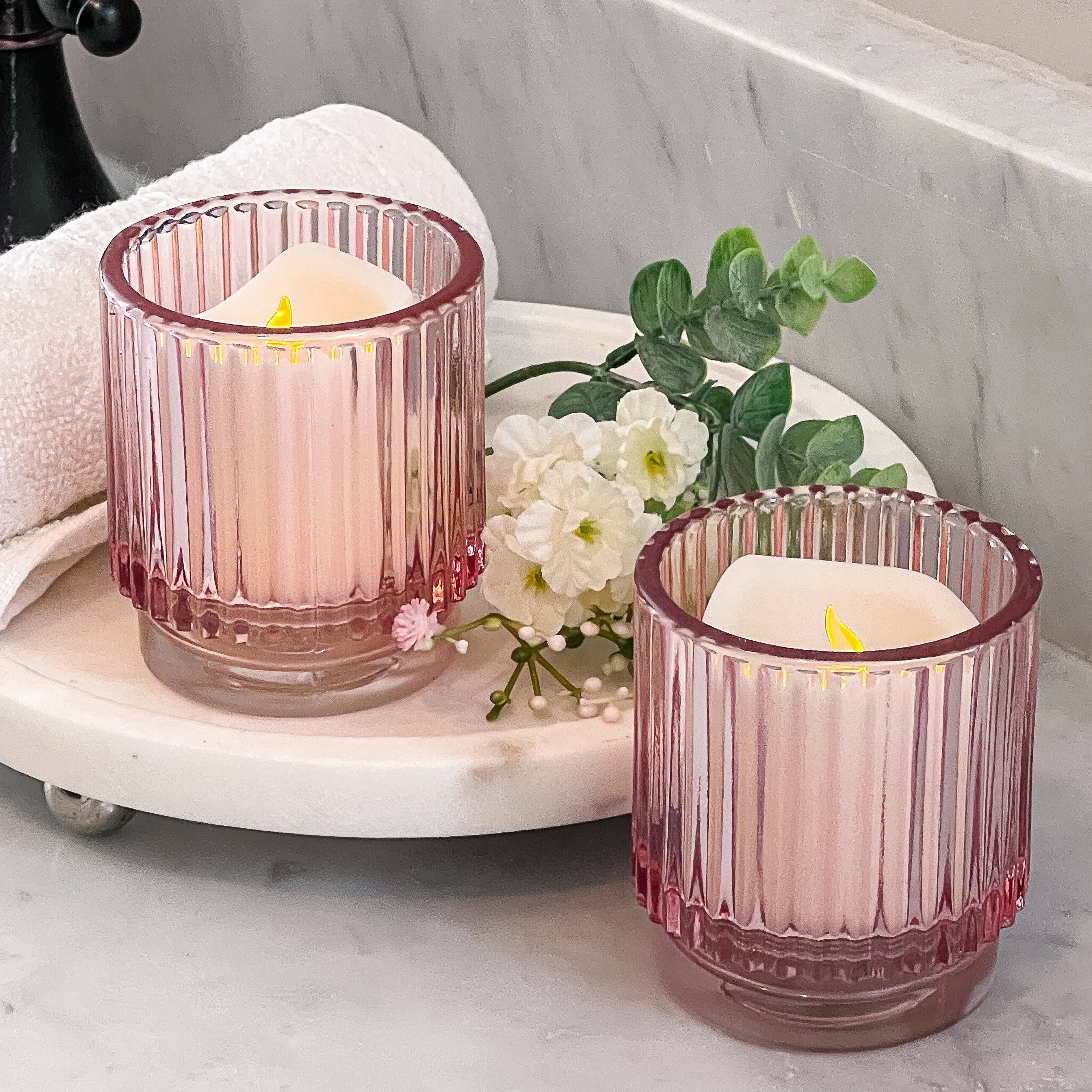 Ribbed Pink Glass Votive Candle Holder