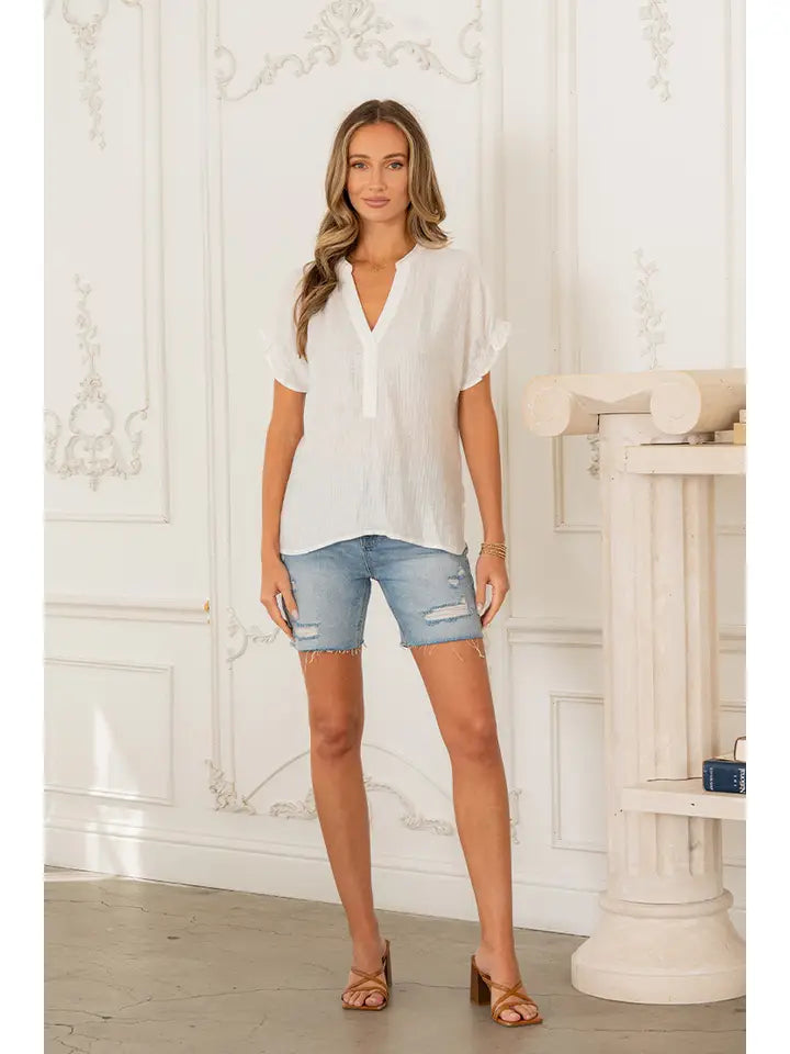 White Relaxed Fit Textured V Notch Ruffle Sleeve Top
