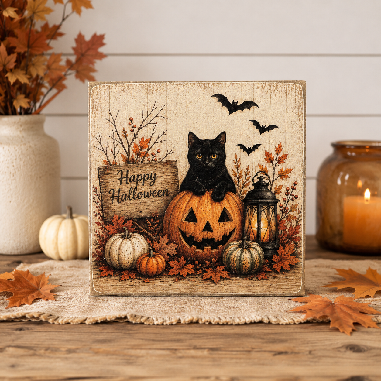 Black Cat and Pumpkin Wood Decor Print