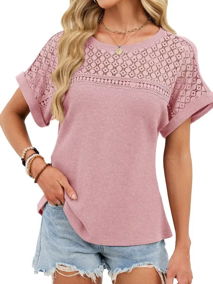 Pink Lace Waffle Knit Top