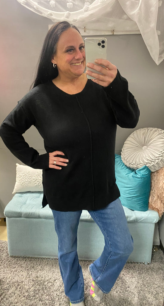 Black Sweater with Side Slit - Posh West Boutique