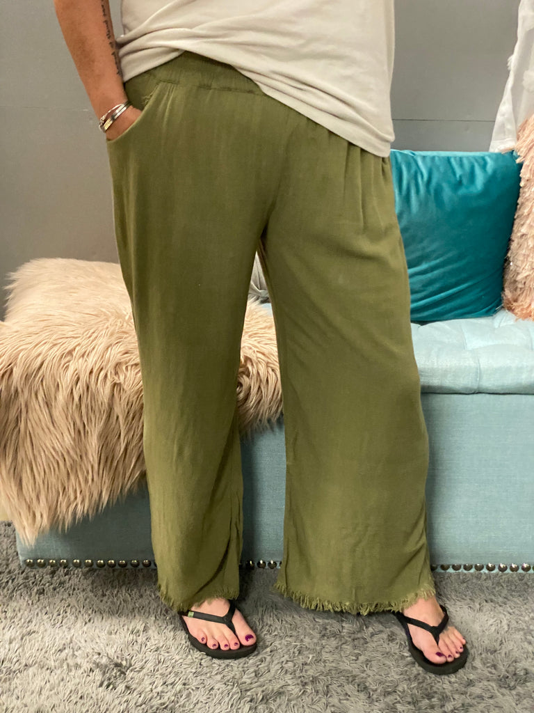 Wide Leg Olive Green Pull-On Gauze Pants - Posh West Boutique