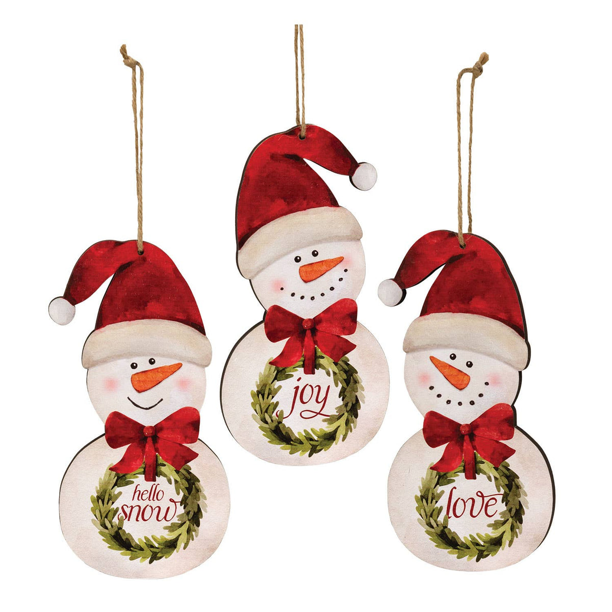 Hello Snowman w/Wreath Ornament, 3 Assorted