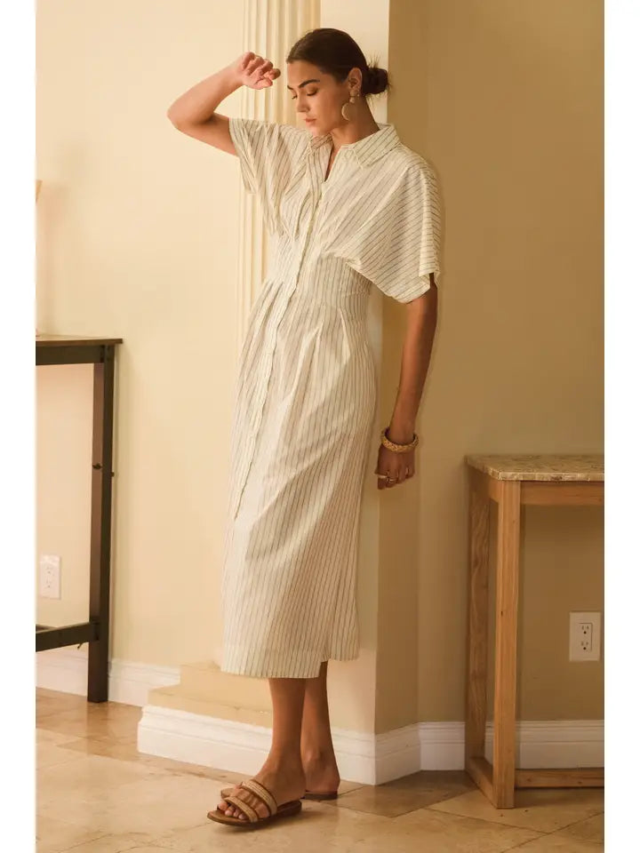 Pin Striped Cotton Poplin Midi Shirt Dress - Posh West Boutique