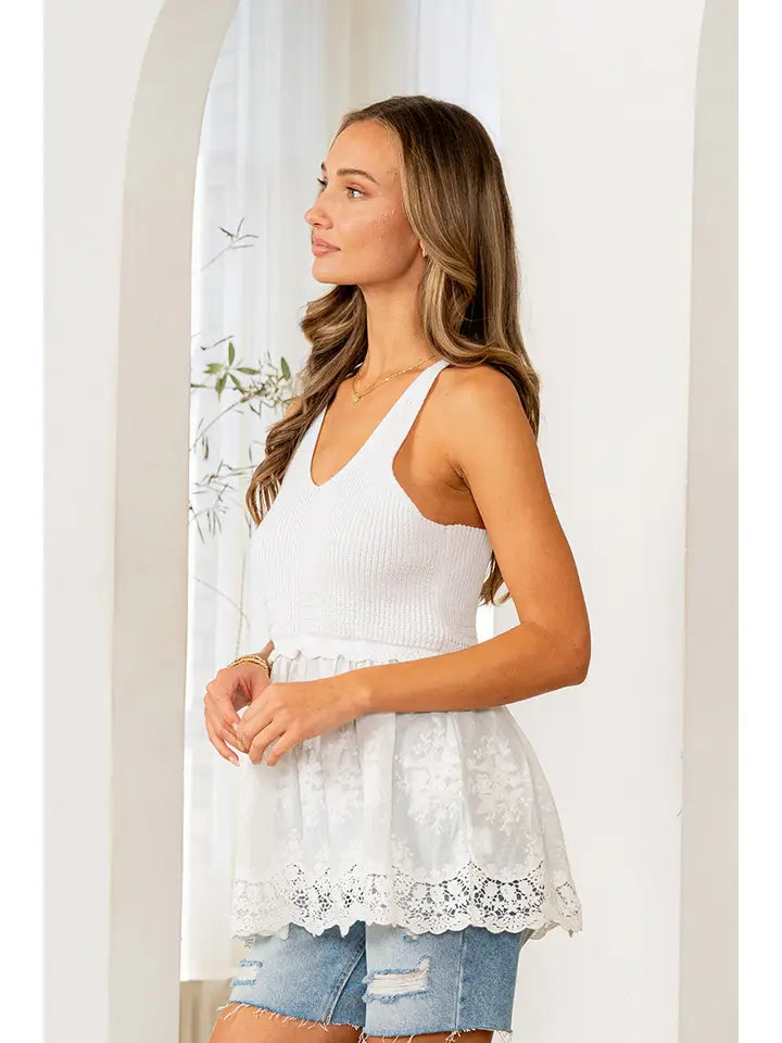 Off White Knit and Embroidered Lace Tank Top - Posh West Boutique