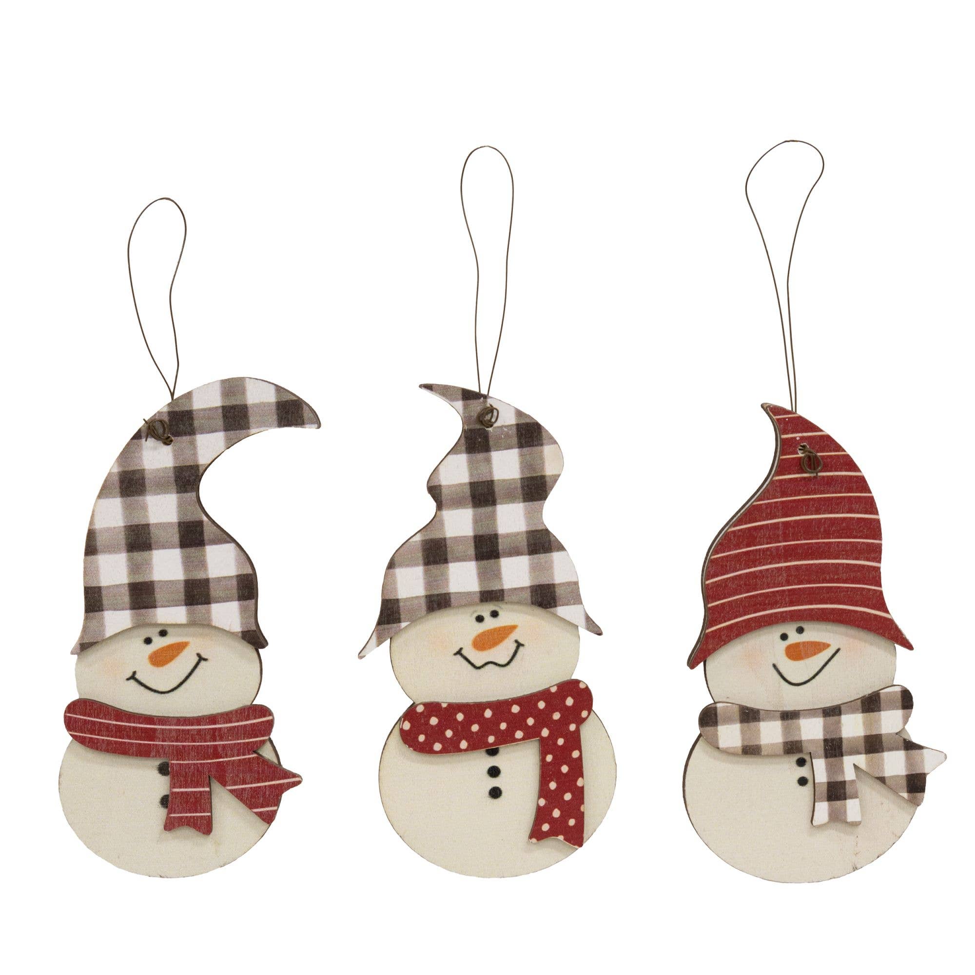 Wooden Buffalo Check Hat Snowman Ornaments, 3 Styles - Posh West Boutique