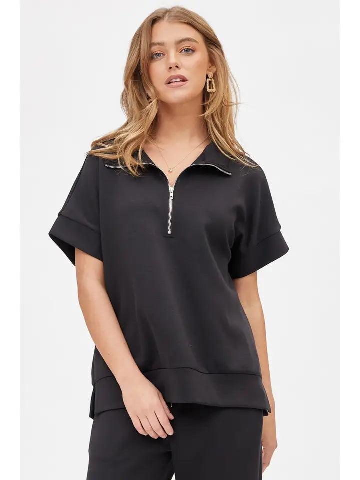 Black Short Sleeve Quarter Zip + Pants Modal Set - Posh West Boutique