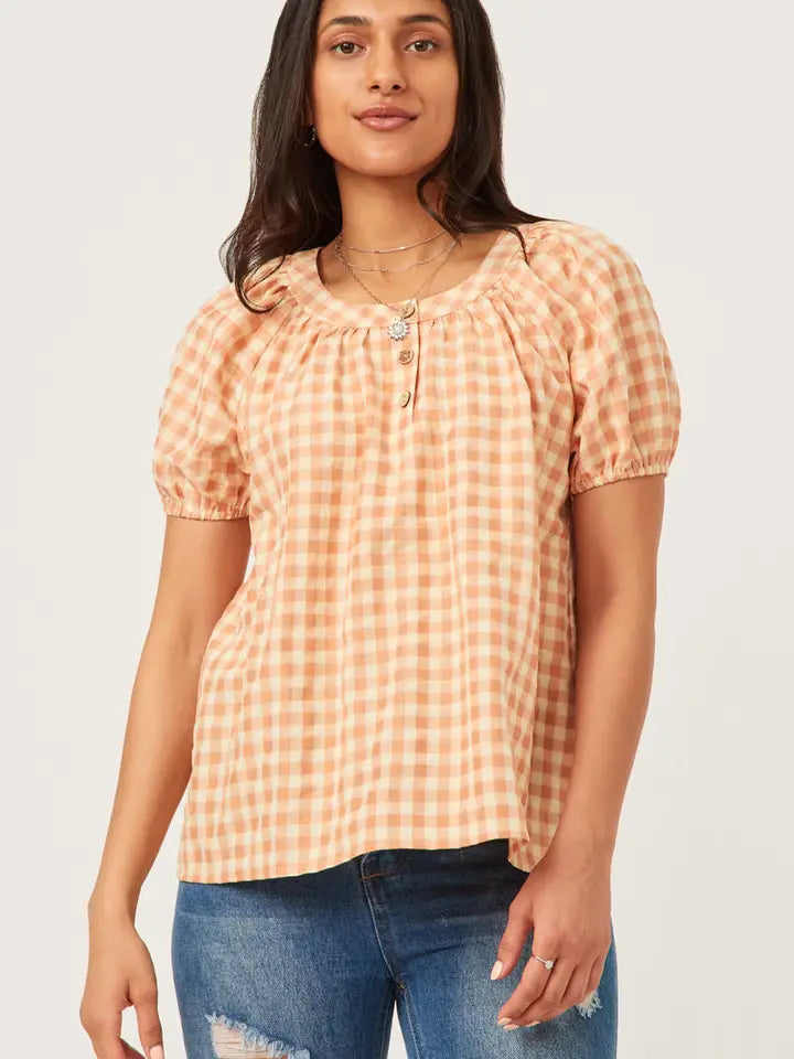 Peach Gingham Button Detail Puff Sleeve Scoop Neck Top - Posh West Boutique
