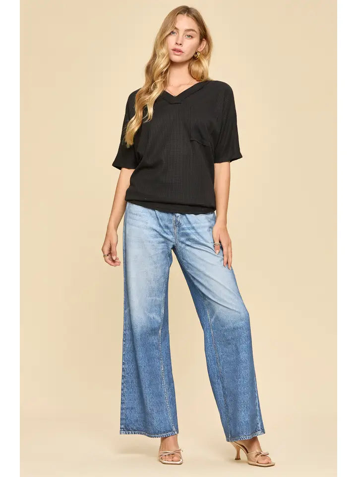 Black Two Tone Waffle Knit Top - Posh West Boutique