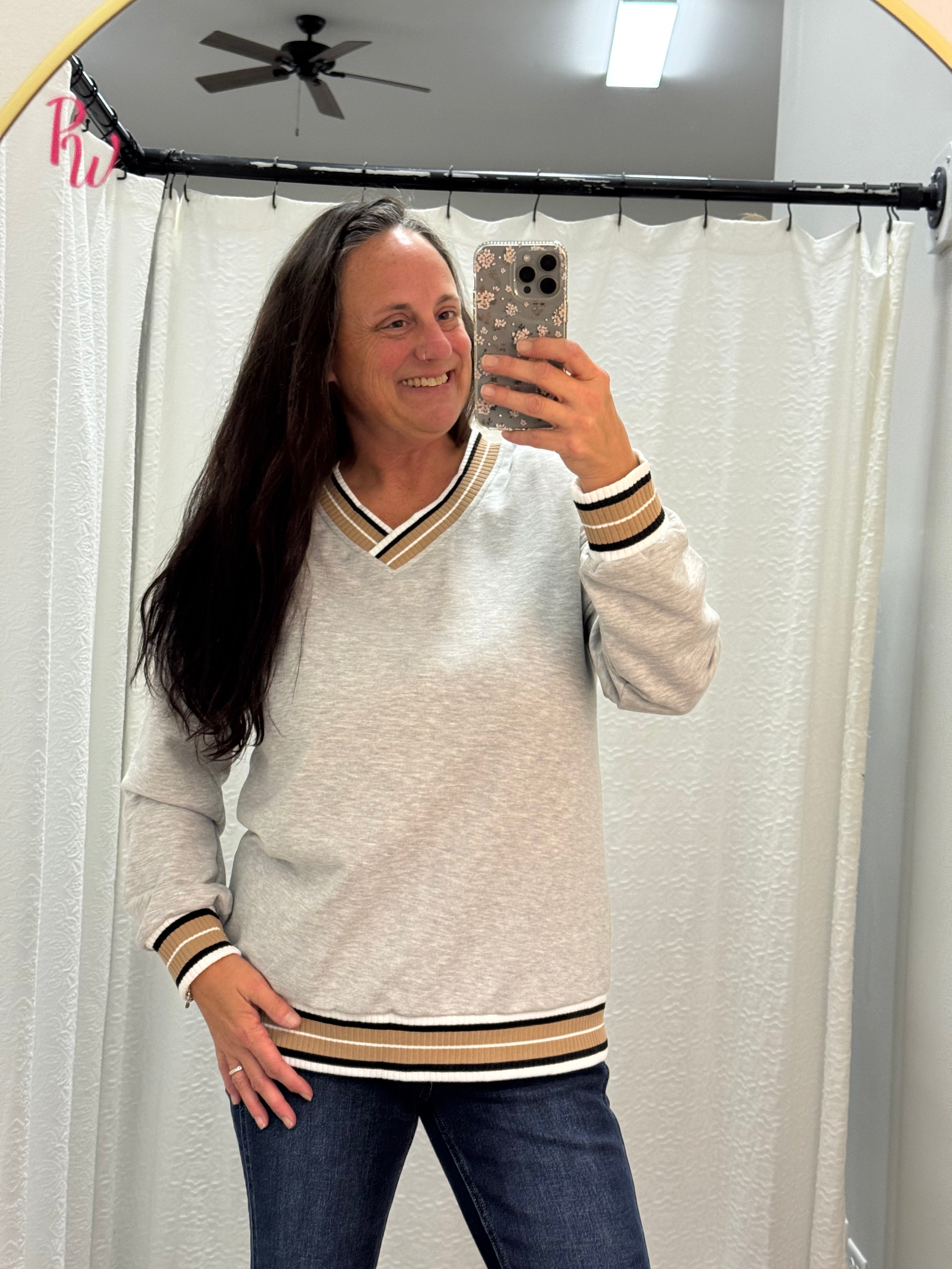 Gray Varsity V Neck Trim Sweatshirt - Posh West Boutique