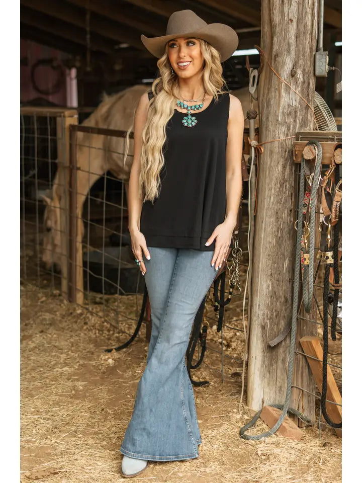 Black Ribbed Tank Top w/ Raw Edge Detail - Posh West Boutique